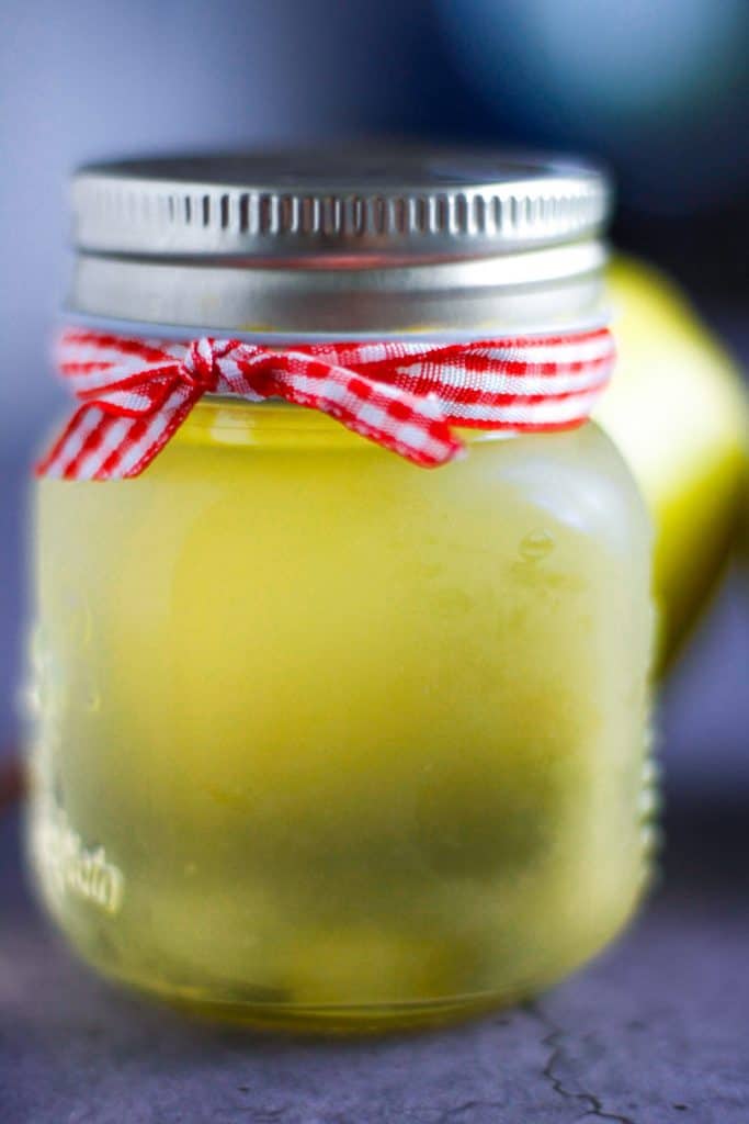 up close view of jar of pear syrup