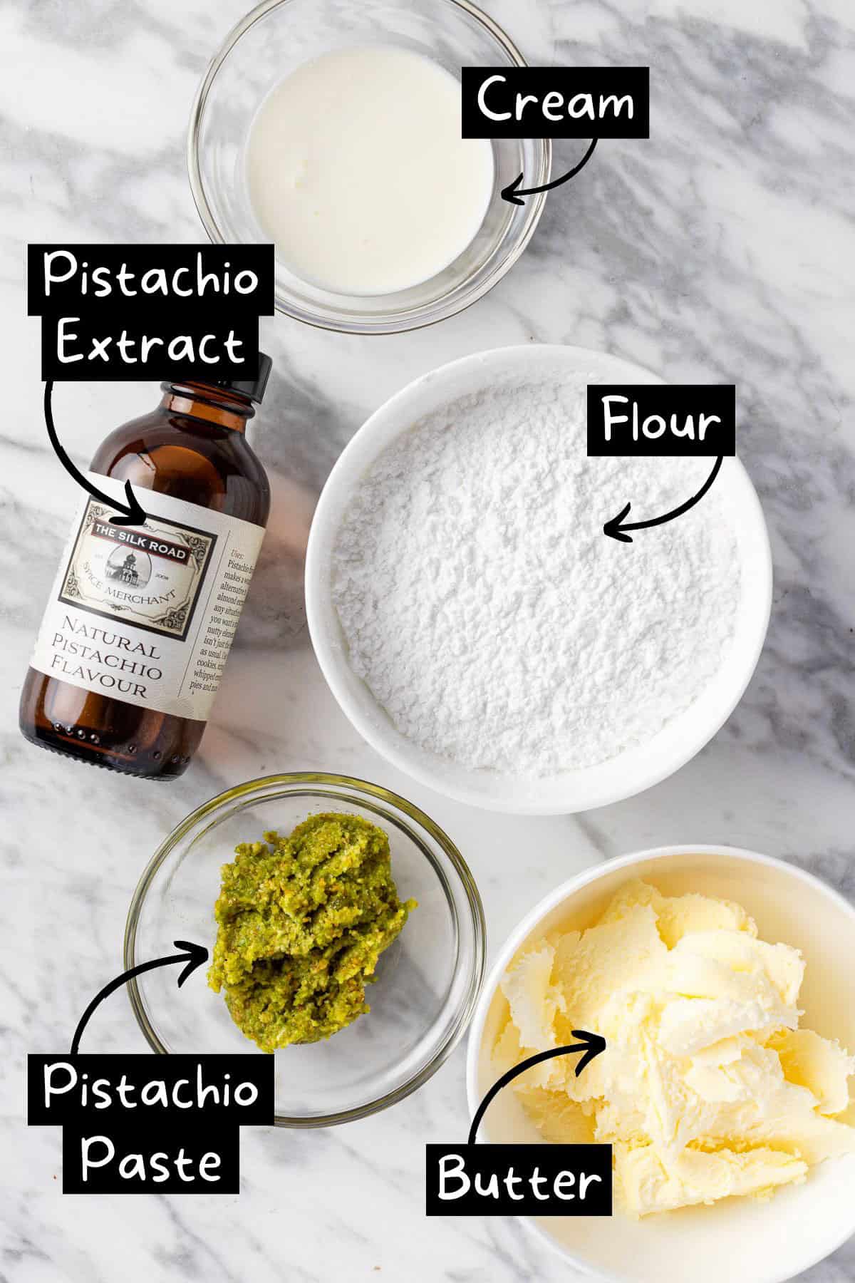 The ingredients needed to make the pistachio buttercream.