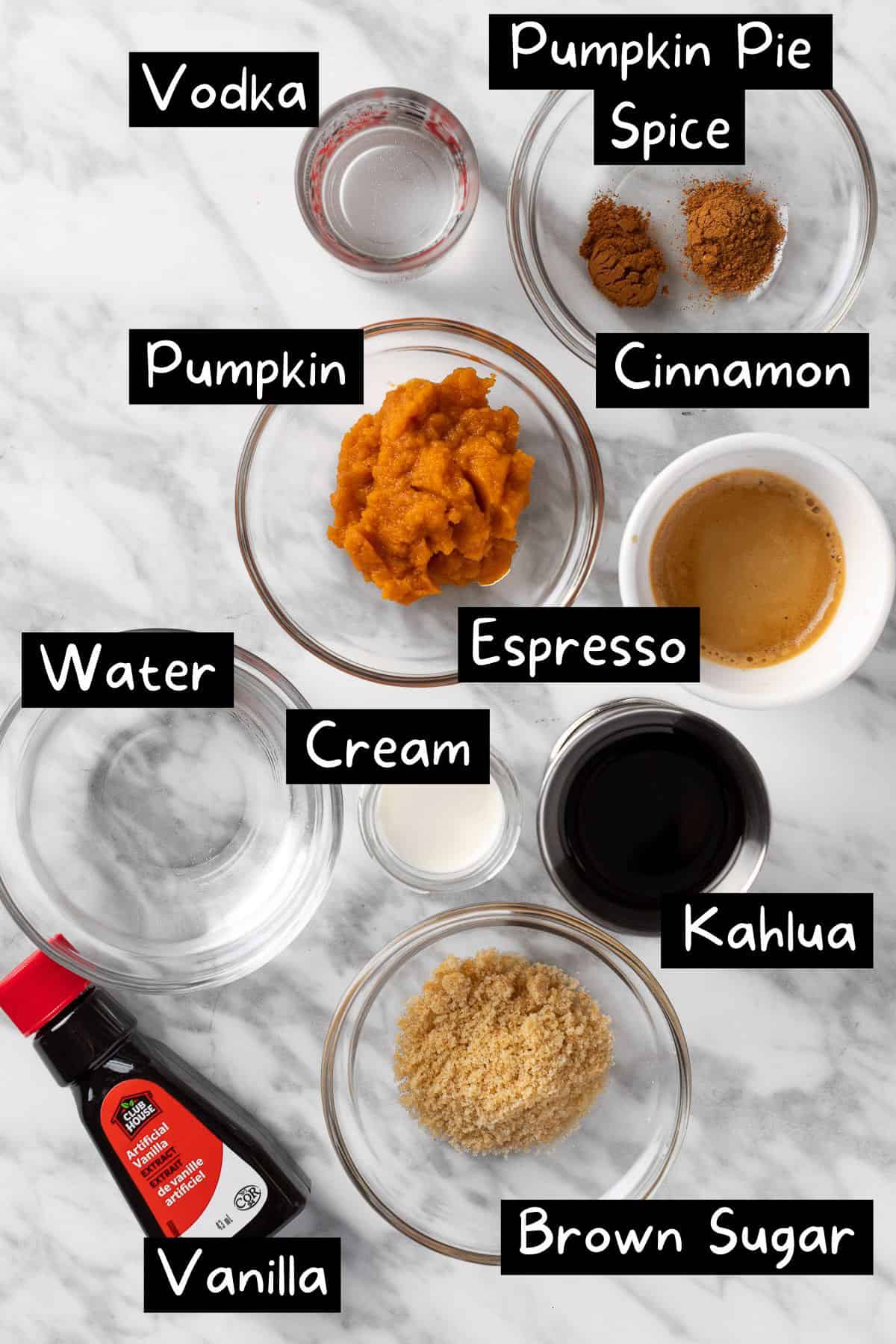 The ingredients needed to make the pumpkin spice espresso martini.