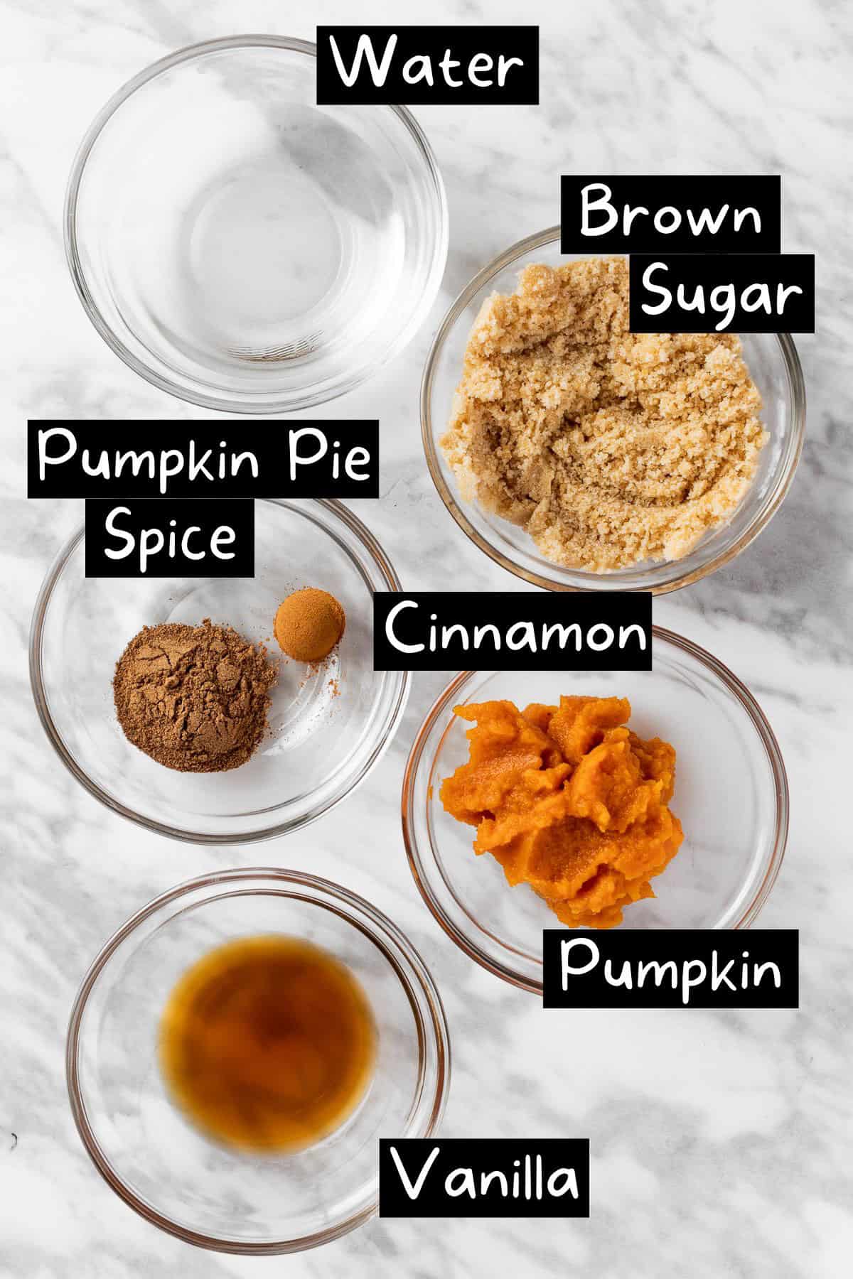 The ingredients needed to make the pumpkin spice syrup.