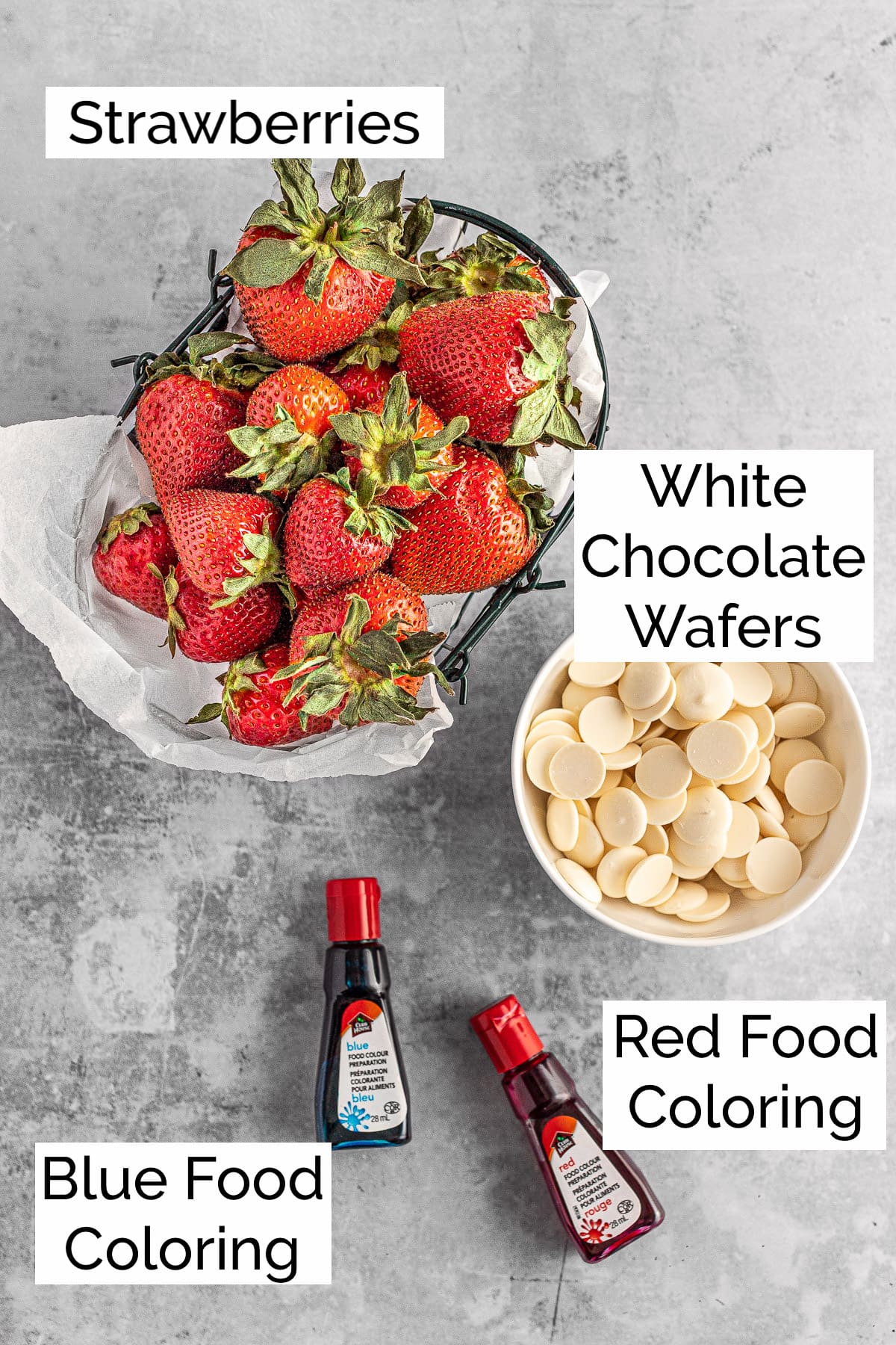 The ingredients needed to make the purple chocolate strawberries.
