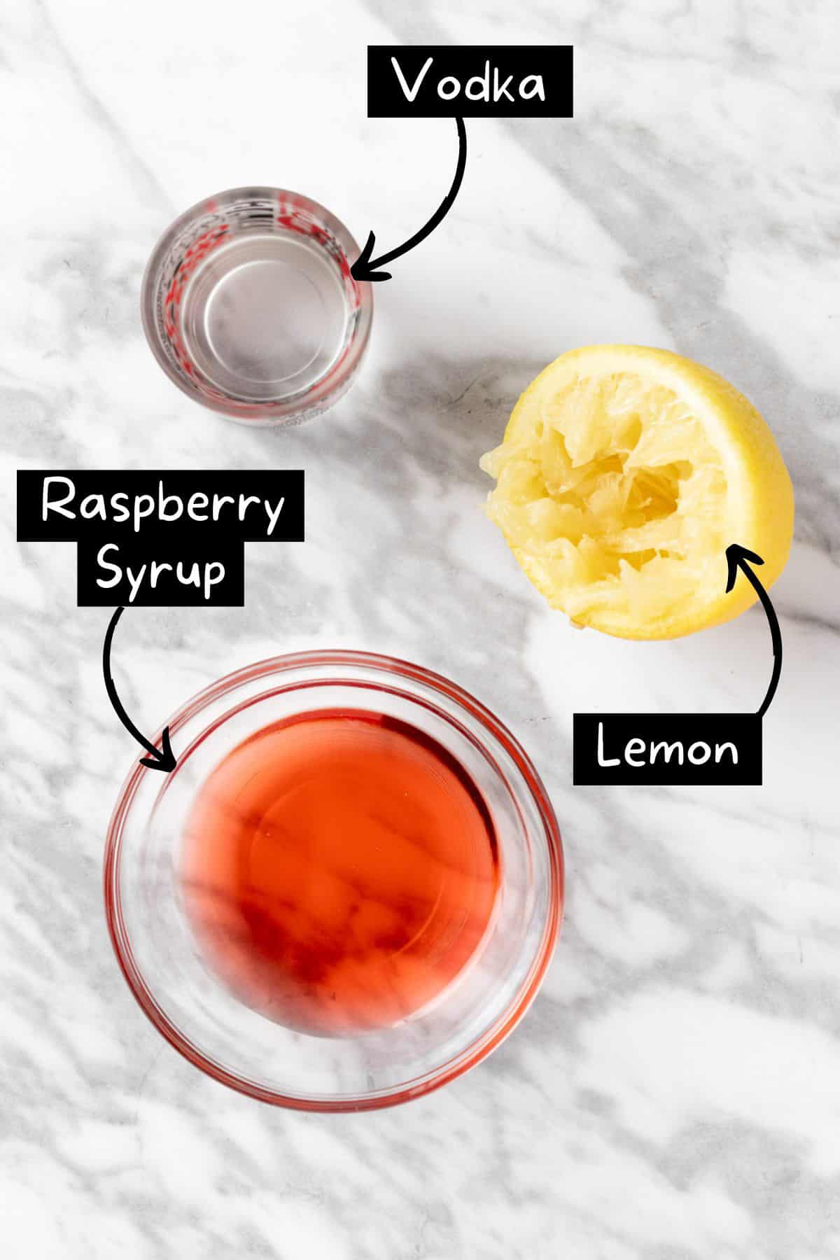 The ingredients needed to make the raspberry lemon drop shot.