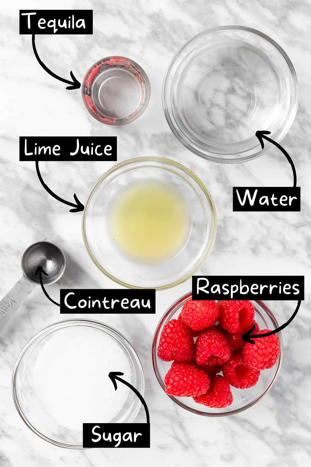 The ingredients needed to make the raspberry margarita.