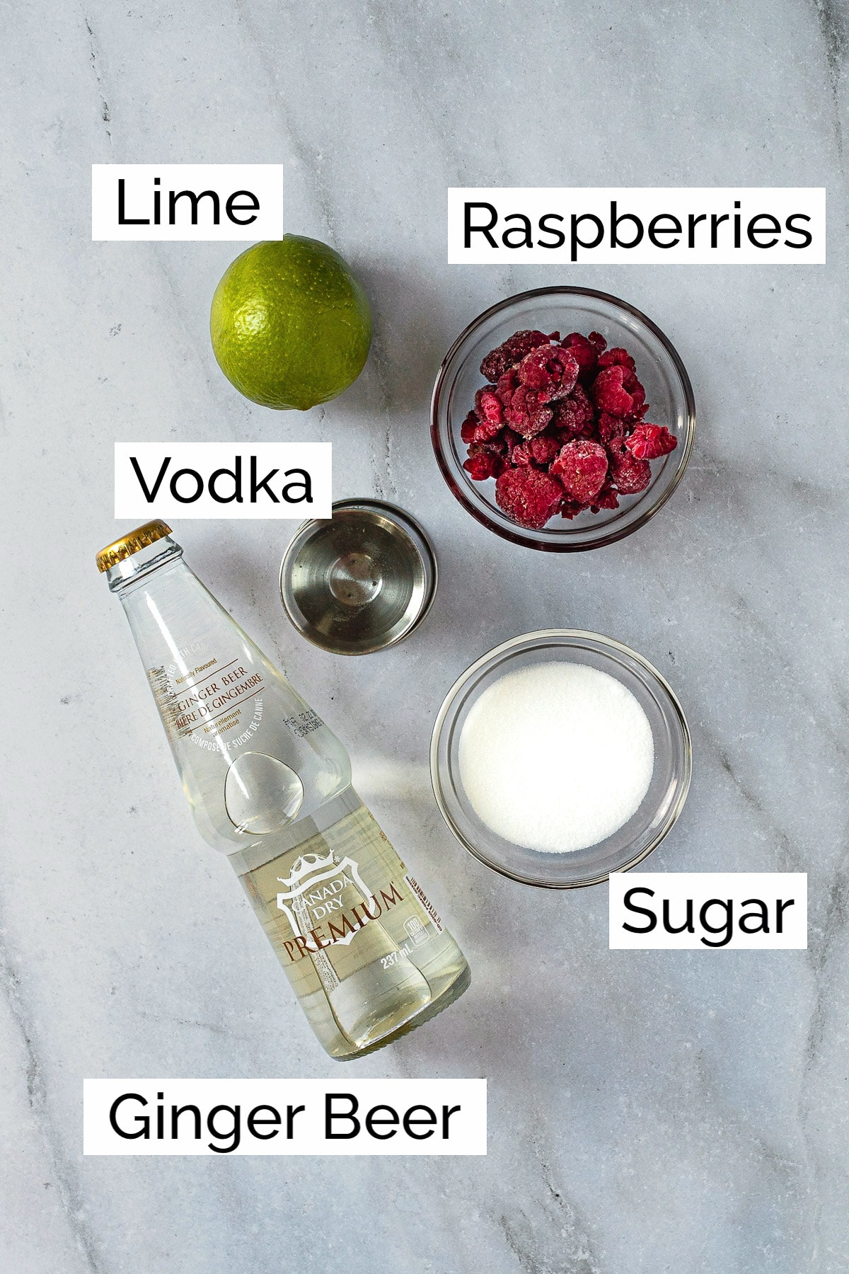 The ingredients needed for the raspberry mule.