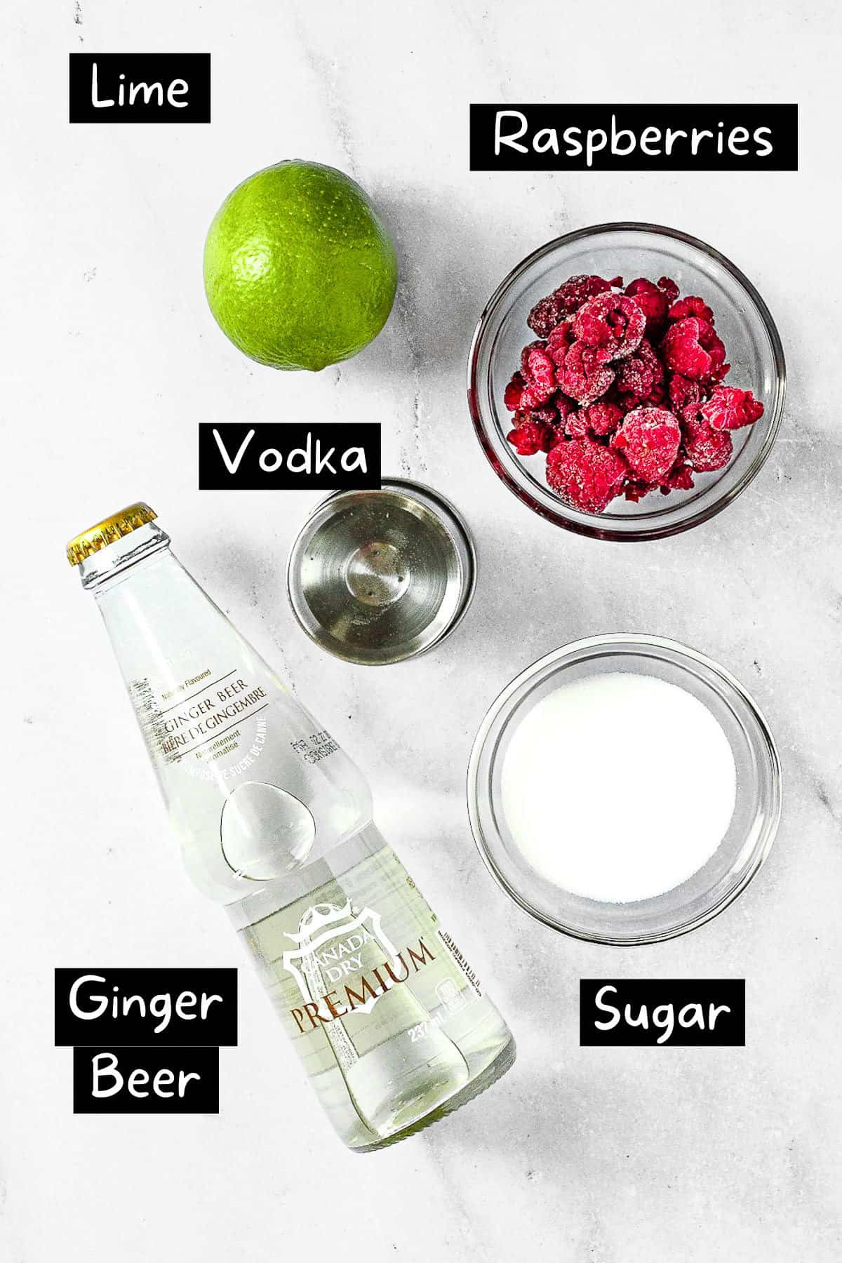 The ingredients needed to make the moscow mule.