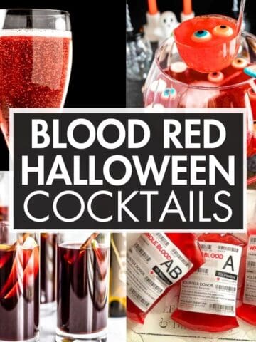 A collage of red cocktails with the text overlay: “Blood Red Halloween Cocktails”.