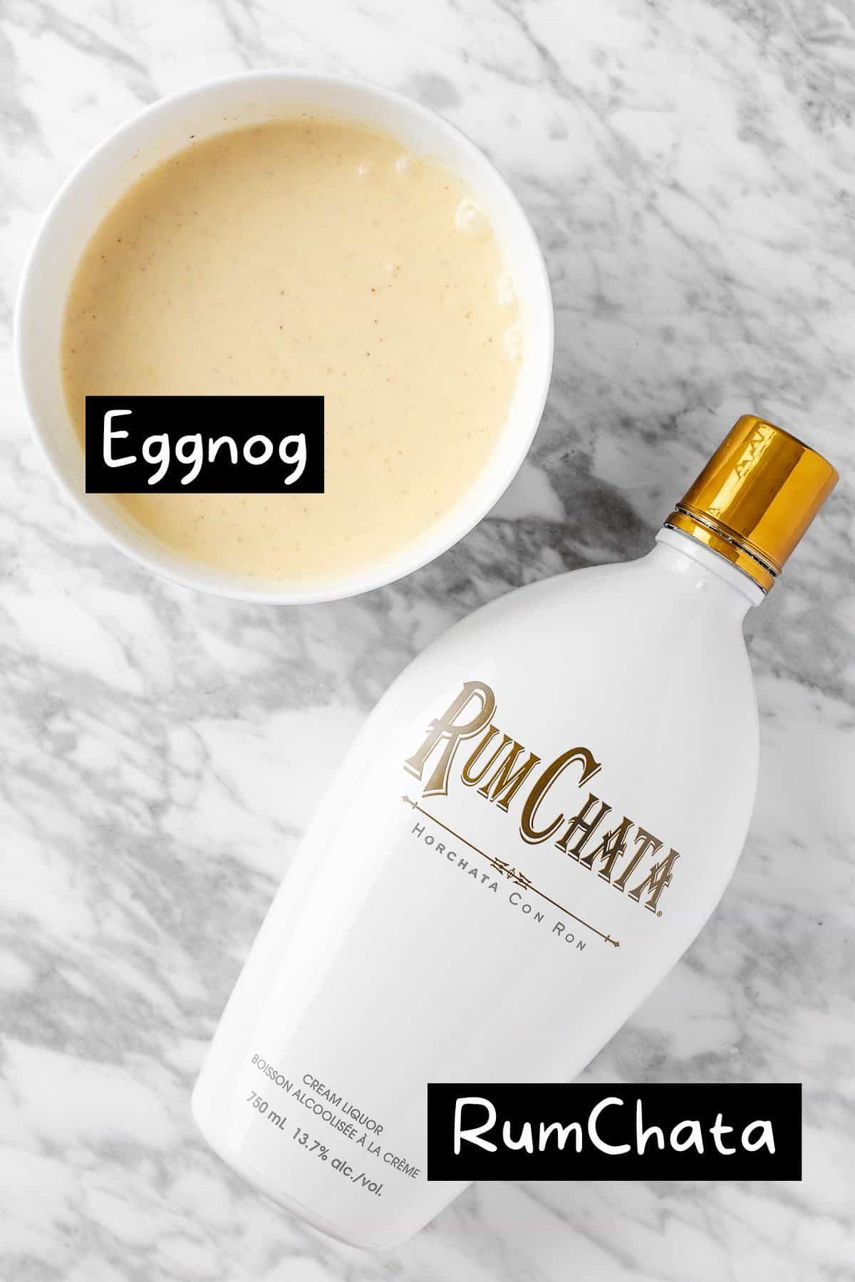 The ingredients needed to make the eggnog cocktail.