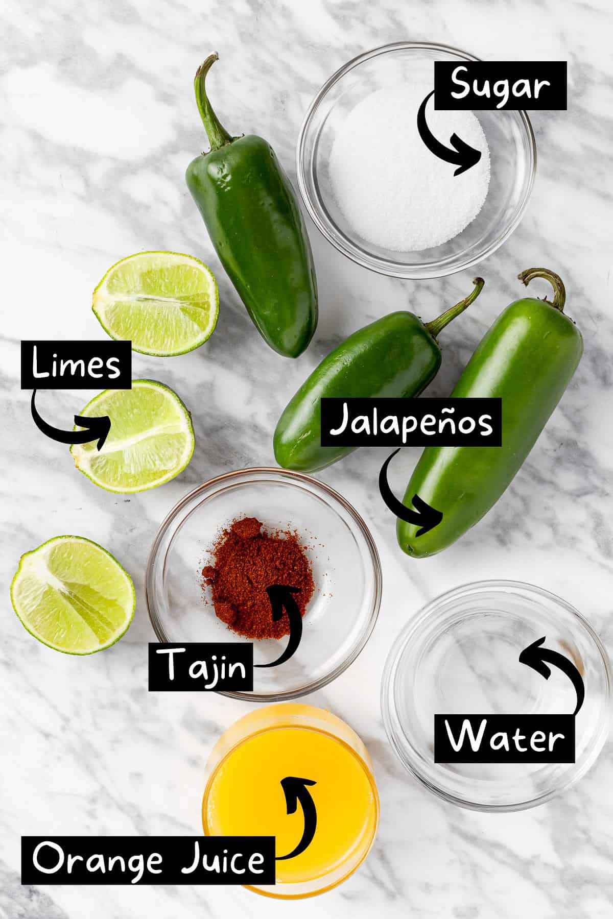 The ingredients needed to make the spicy margarita mocktail.