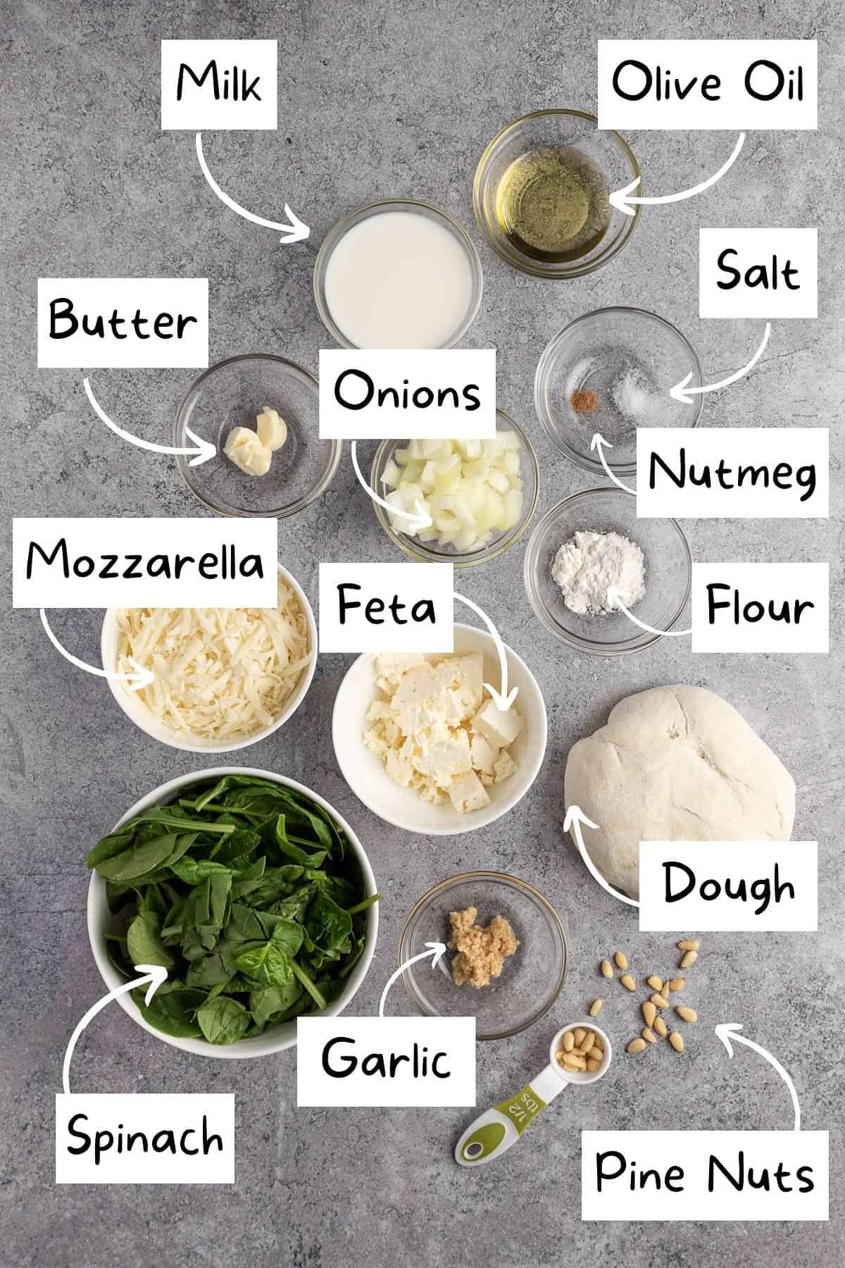 The ingredients needed to make the spinach & feta pizza.