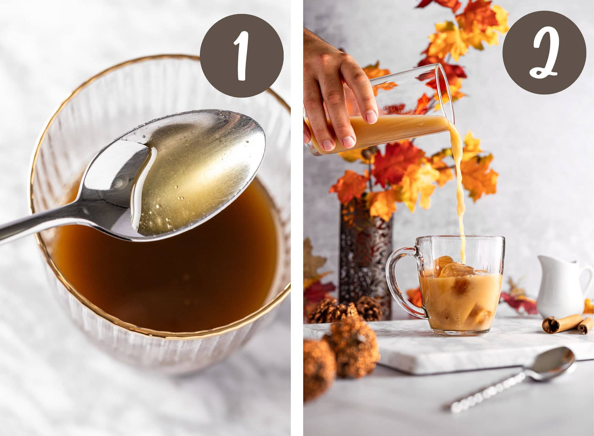 A collage of process photos illustrating the steps to make an iced chai tea latte.