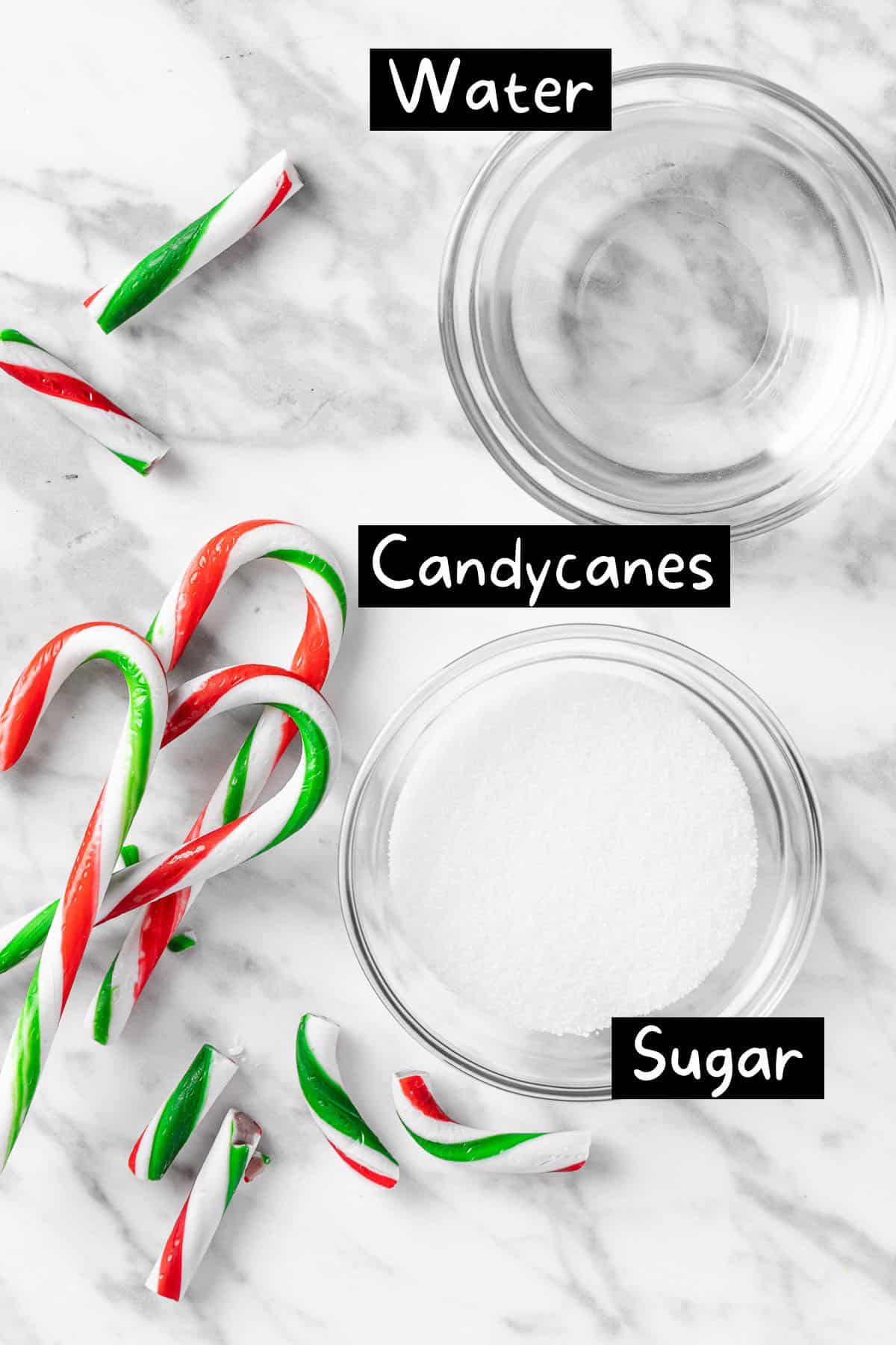 The ingredients needed to make the peppermint syrup.