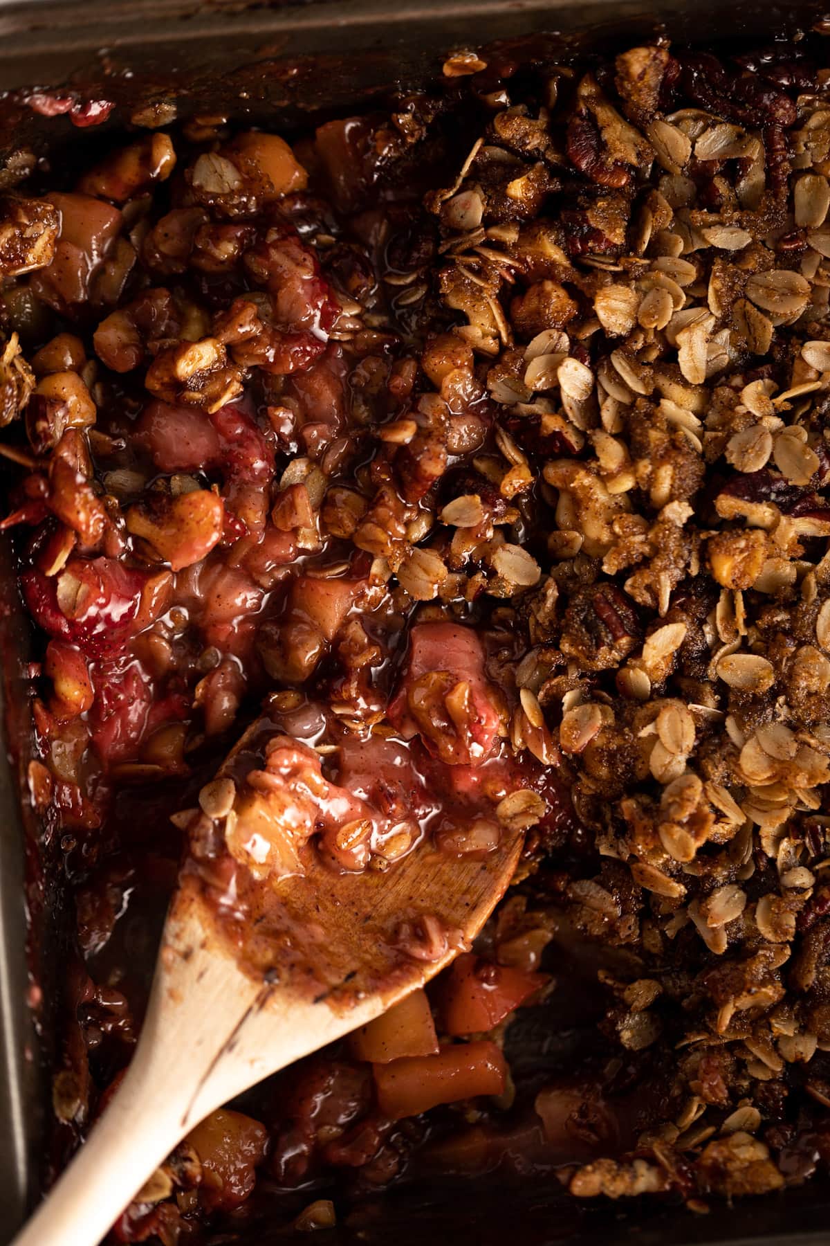 strawberry apple crisp with spoon 