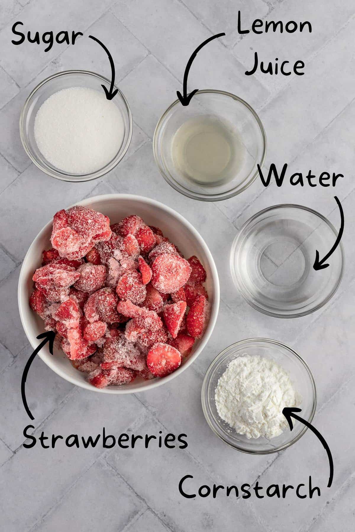 Ingredients needed to make the strawberry cake filling.