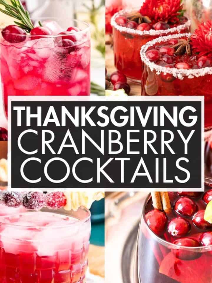 A collage of red cocktails with the text overlay: “Thanksgiving Cranberry Cocktails”.