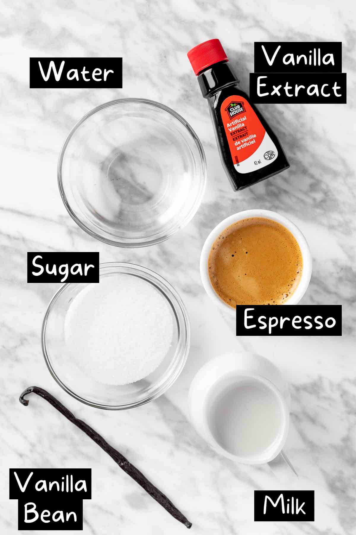 The ingredients needed to make the vanilla latte.