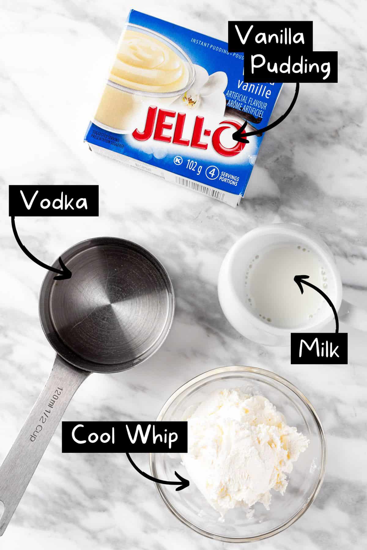 The ingredients needed to make the vanilla pudding shots.